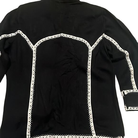 Vintage Knit Cardigan Sweater Black Large Beaded Vegan Leather Trim Satin - Picture 12 of 16